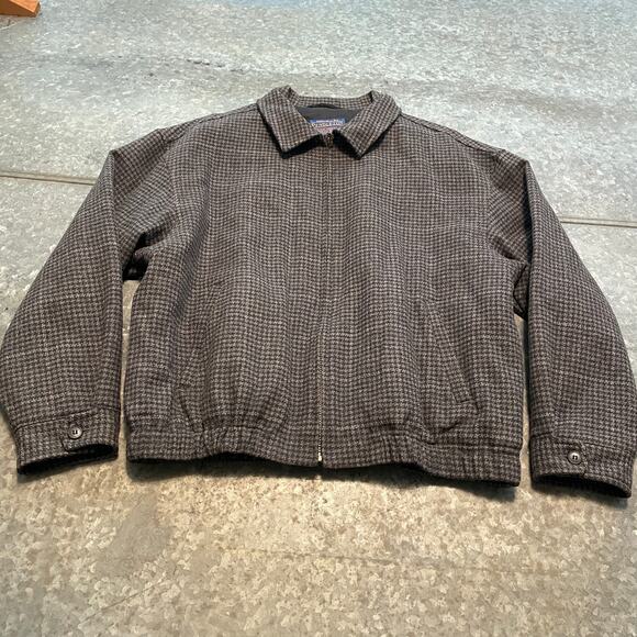 Vintage Pendleton Houndstooth Plaid Wool Bomber Jacket Gray Mens XL USA 90s Golf - Picture 1 of 14